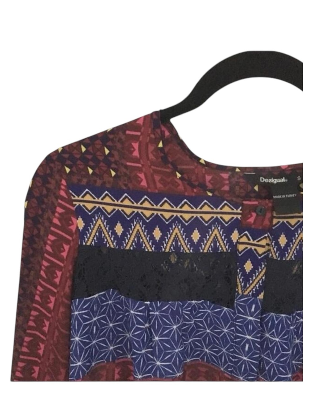 Desigual 𑁍 Mona Fucsias Boho Lace Sleeve Printed Button Down Shirt 𑁍 Blue Pink - Picture 10 of 16